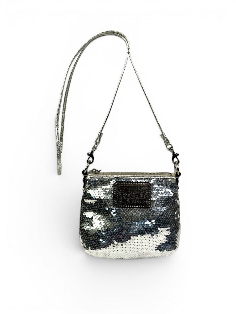 Coach Poppy Mini Silver Sequin Crossbody Bag Y2K Disco Purse Metallic Sparkle